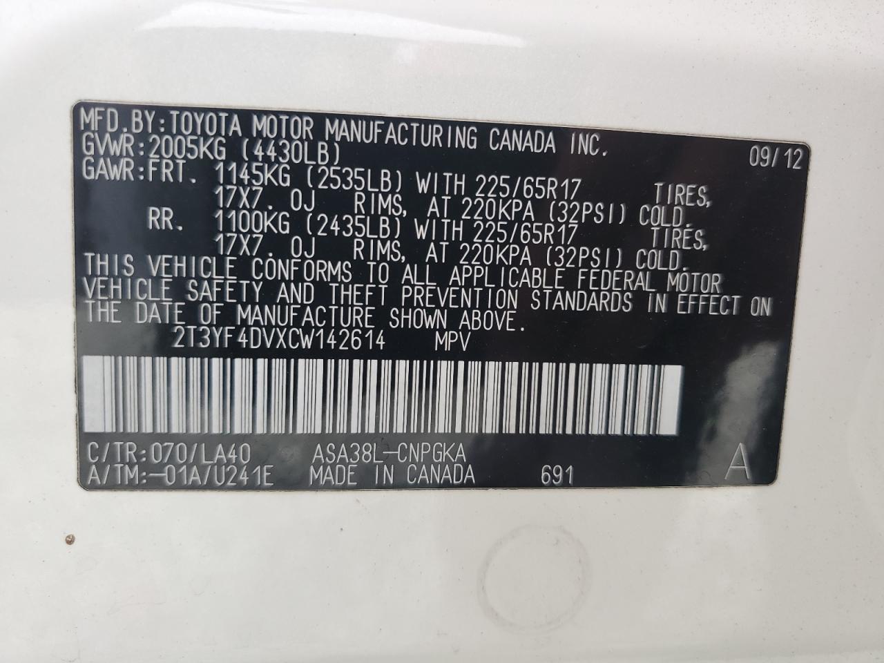 2012 Toyota Rav4 Limited VIN: 2T3YF4DVXCW142614 Lot: 63482724