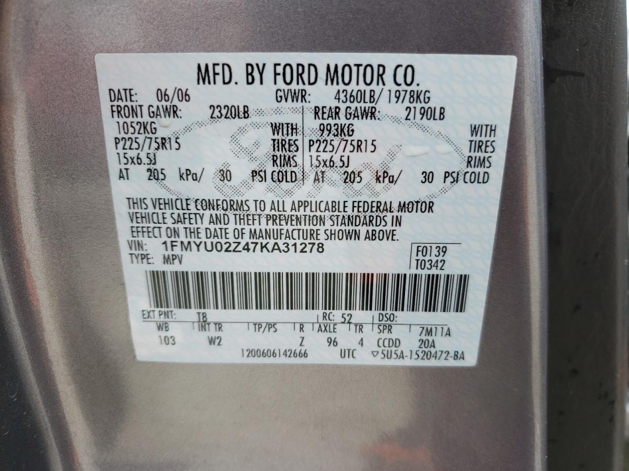 2007 Ford Escape Xls VIN: 1FMYU02Z47KA31278 Lot: 63876014