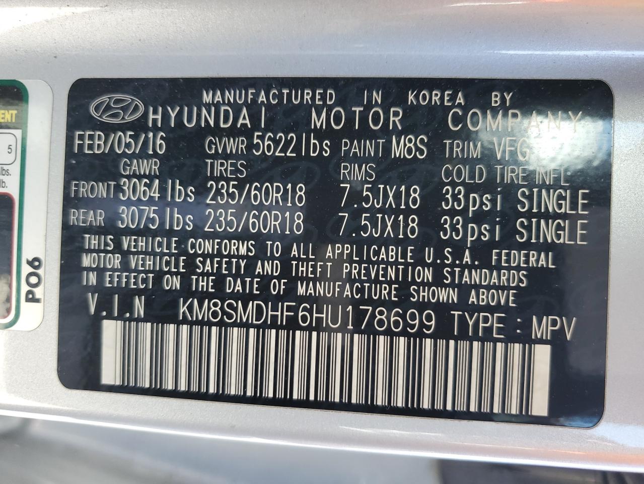 KM8SMDHF6HU178699 2017 Hyundai Santa Fe Se