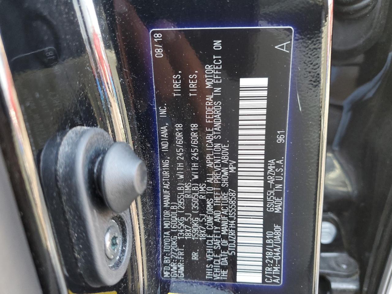 2018 Toyota Highlander Se VIN: 5TDJZRFH4JS558587 Lot: 63386354