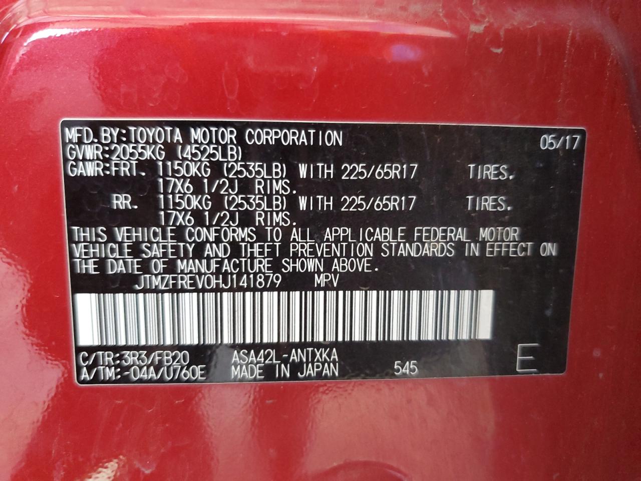 2017 Toyota Rav4 Le VIN: JTMZFREV0HJ141879 Lot: 64115484