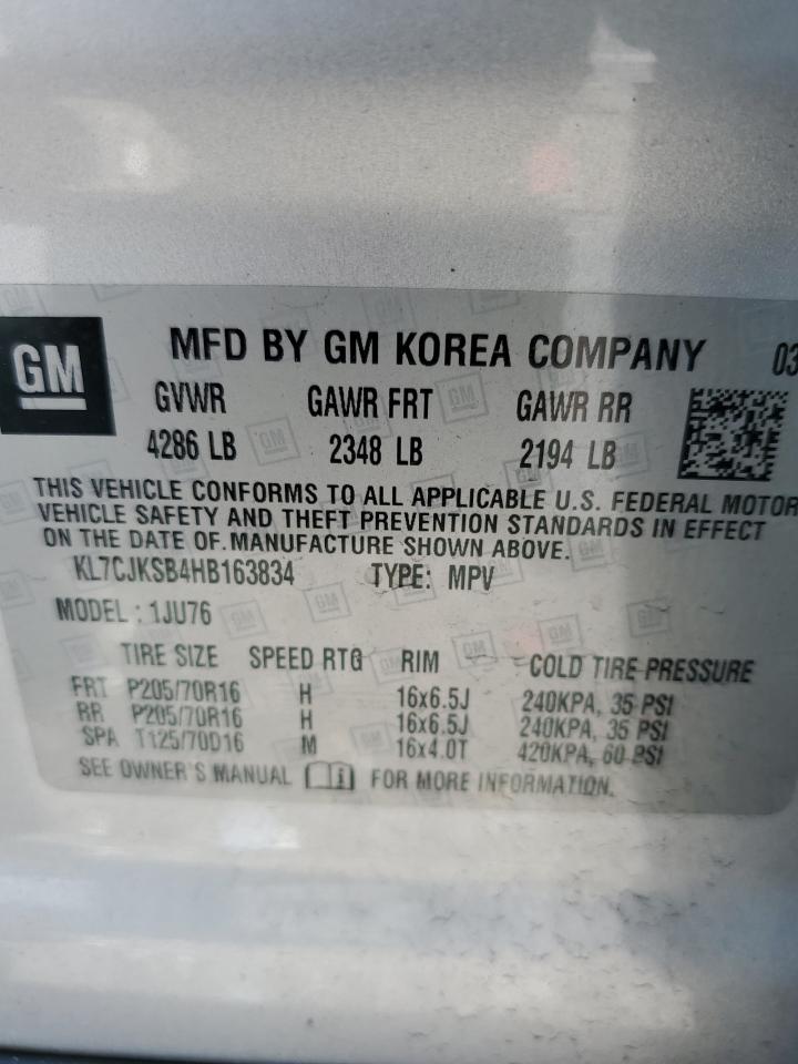 2017 Chevrolet Trax Ls VIN: KL7CJKSB4HB163834 Lot: 63208904