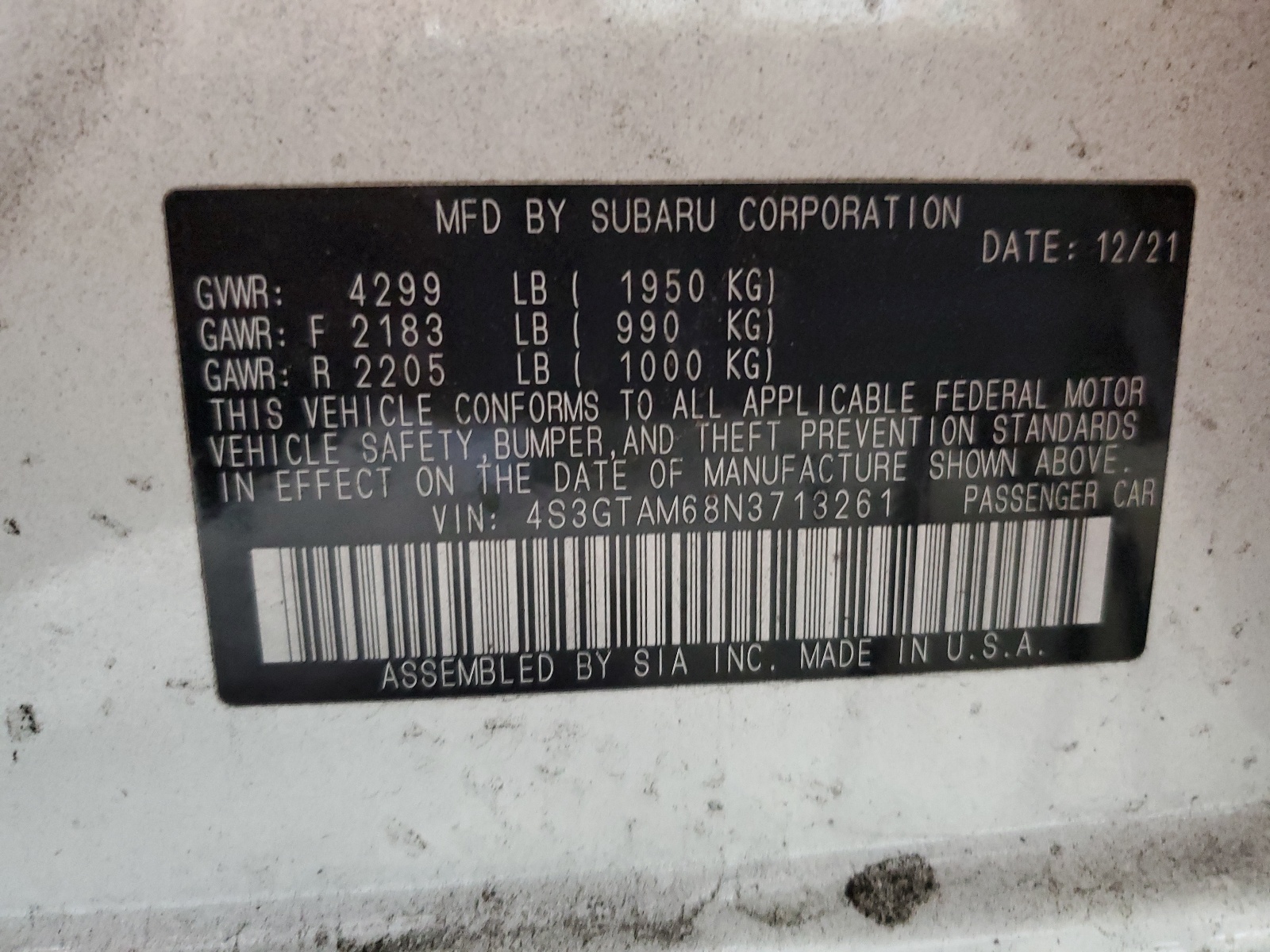 4S3GTAM68N3713261 2022 Subaru Impreza Sport