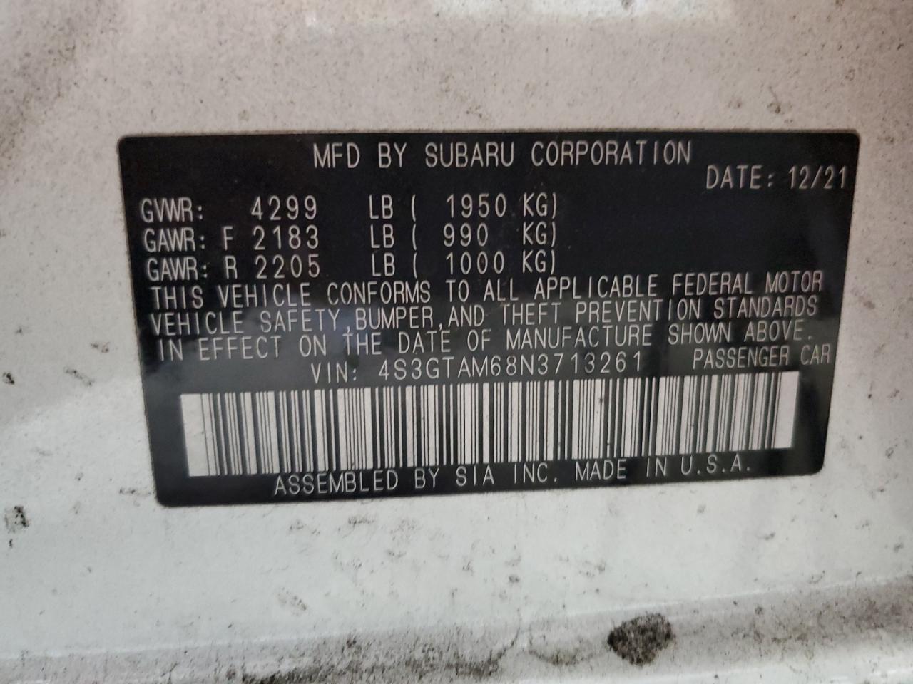 2022 Subaru Impreza Sport VIN: 4S3GTAM68N3713261 Lot: 65027804