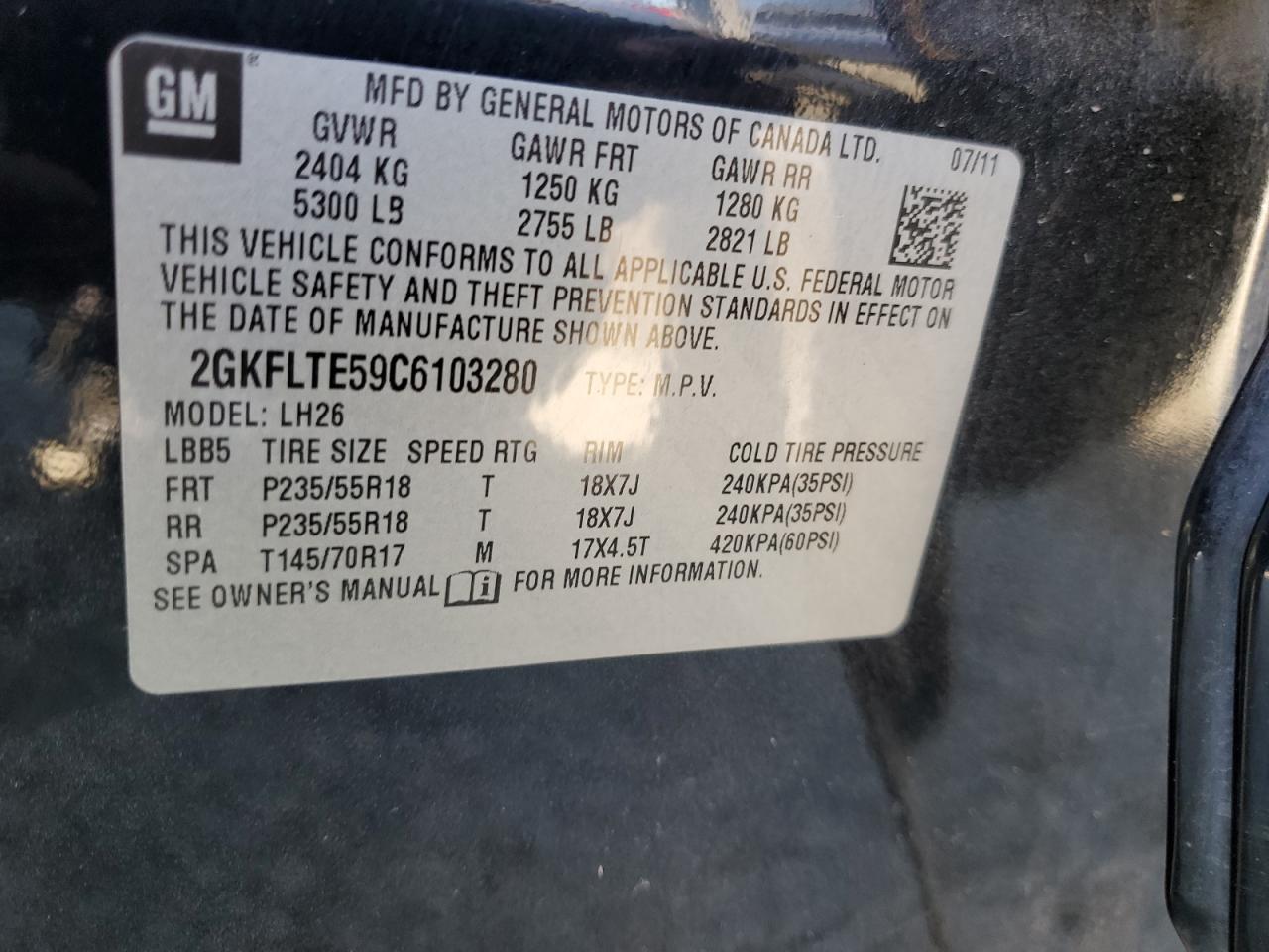 2012 GMC Terrain Sle VIN: 2GKFLTE59C6103280 Lot: 61857664