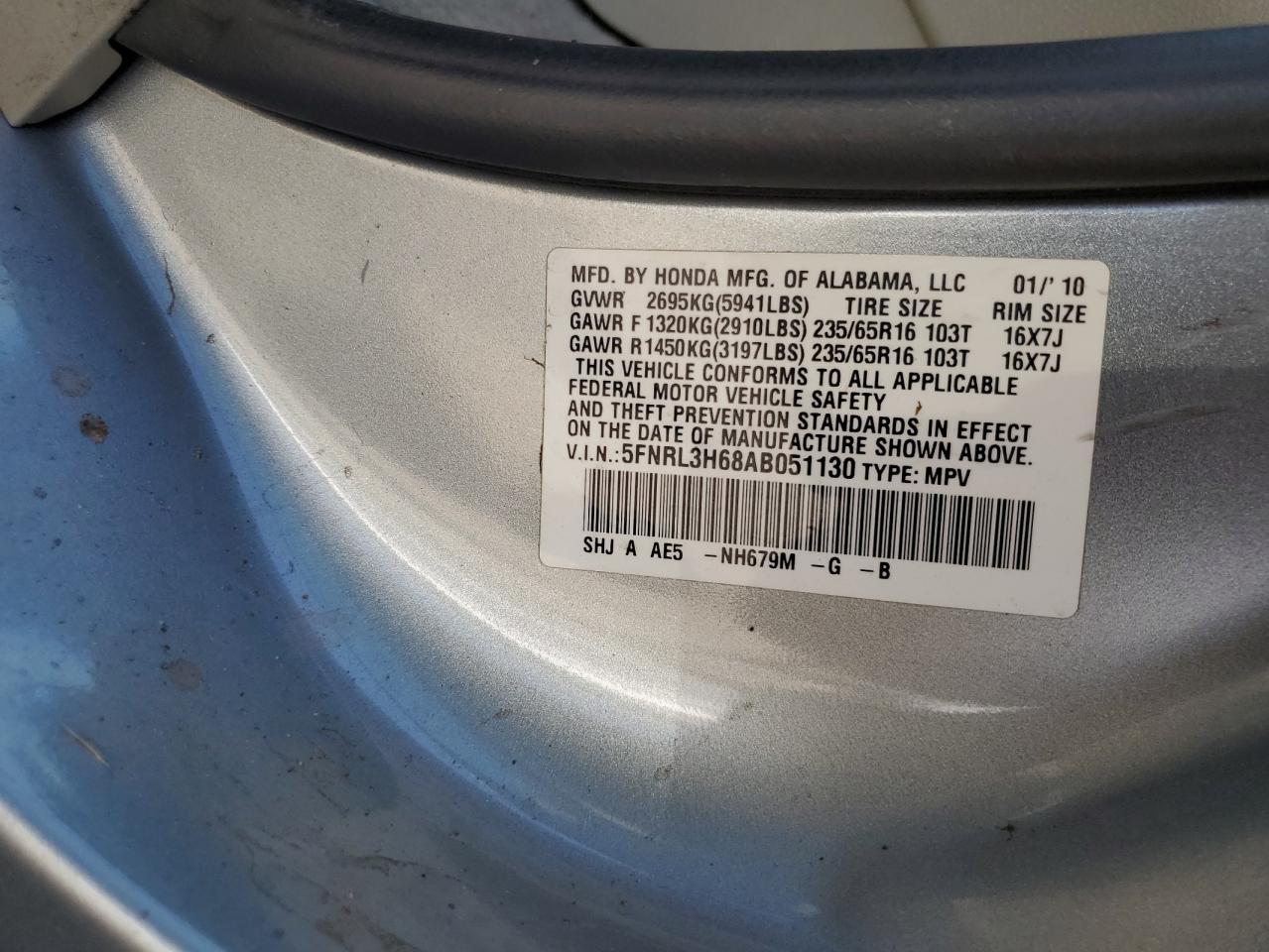 2010 Honda Odyssey Exl VIN: 5FNRL3H68AB051130 Lot: 63859034