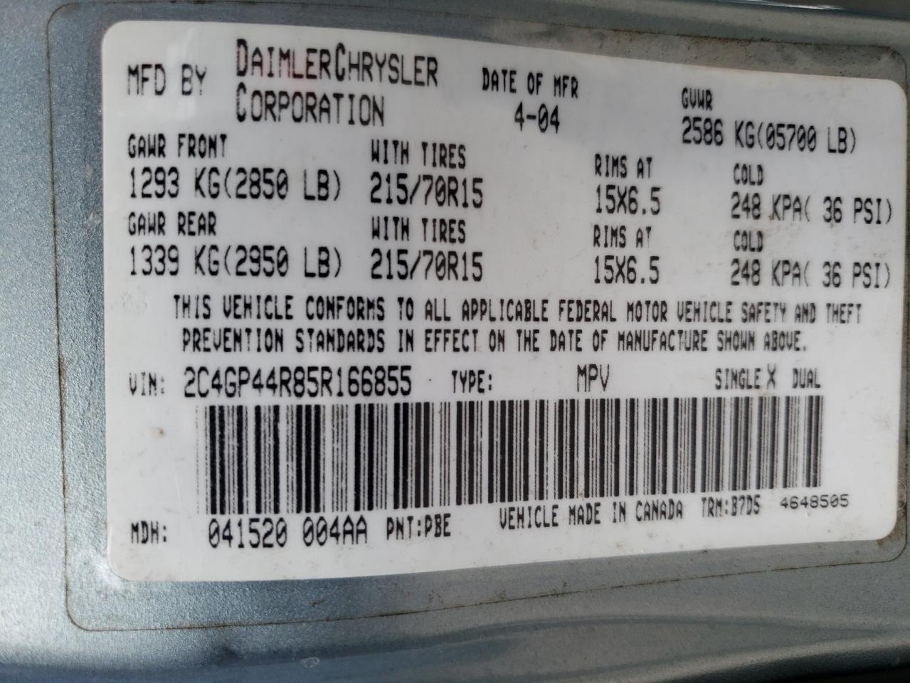 2005 Chrysler Town & Country Lx VIN: 2C4GP44R85R166855 Lot: 64427604