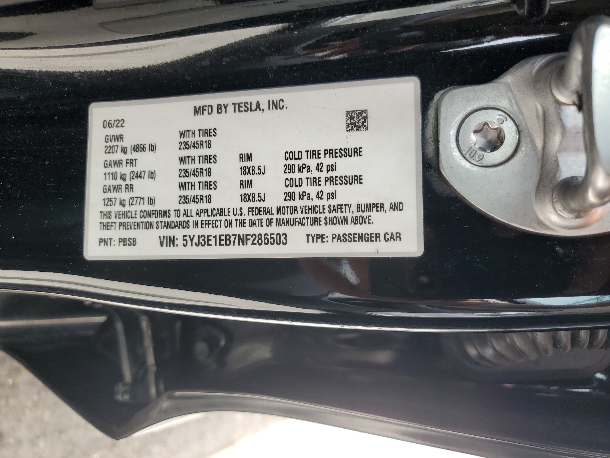 5YJ3E1EB7NF286503 2022 Tesla Model 3