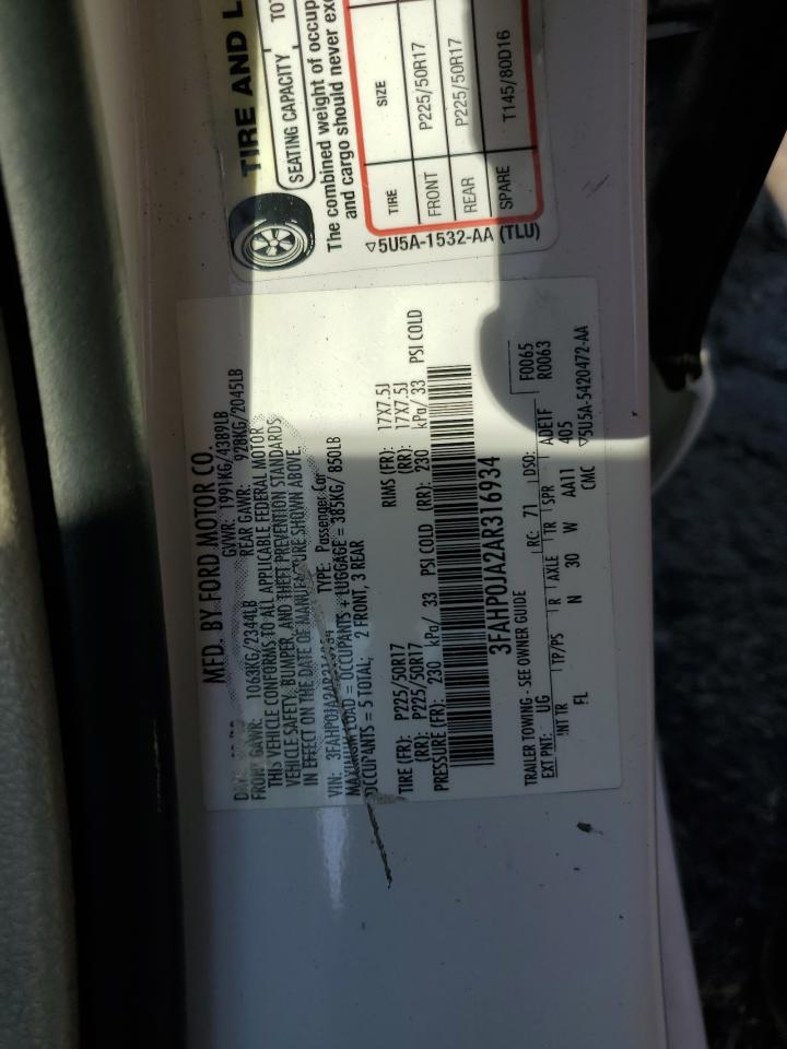 2010 Ford Fusion Sel VIN: 3FAHP0JA2AR316934 Lot: 64892564