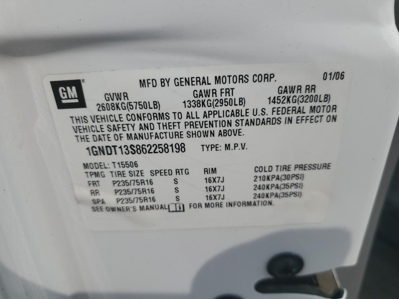 2006 Chevrolet Trailblazer Ls VIN: 1GNDT13S862258198 Lot: 64989104