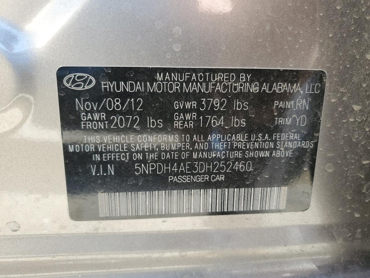 2013 Hyundai Elantra Gls VIN: 5NPDH4AE3DH252460 Lot: 62366914