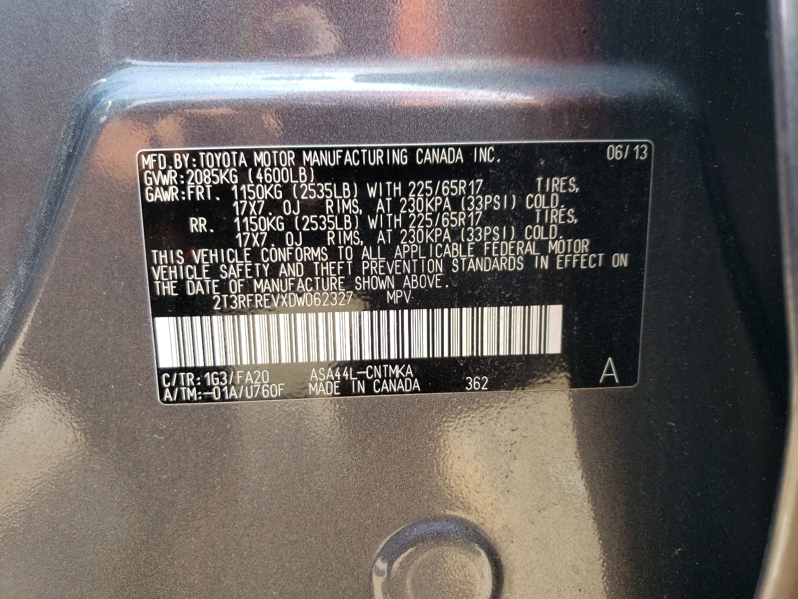 2T3RFREVXDW062327 2013 Toyota Rav4 Xle