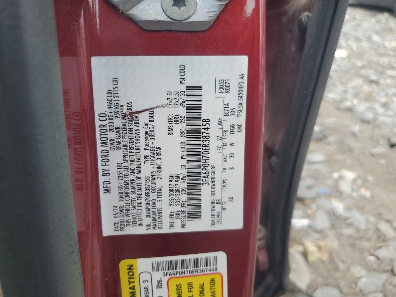 2014 Ford Fusion Se VIN: 3FA6P0H70ER387458 Lot: 62279384