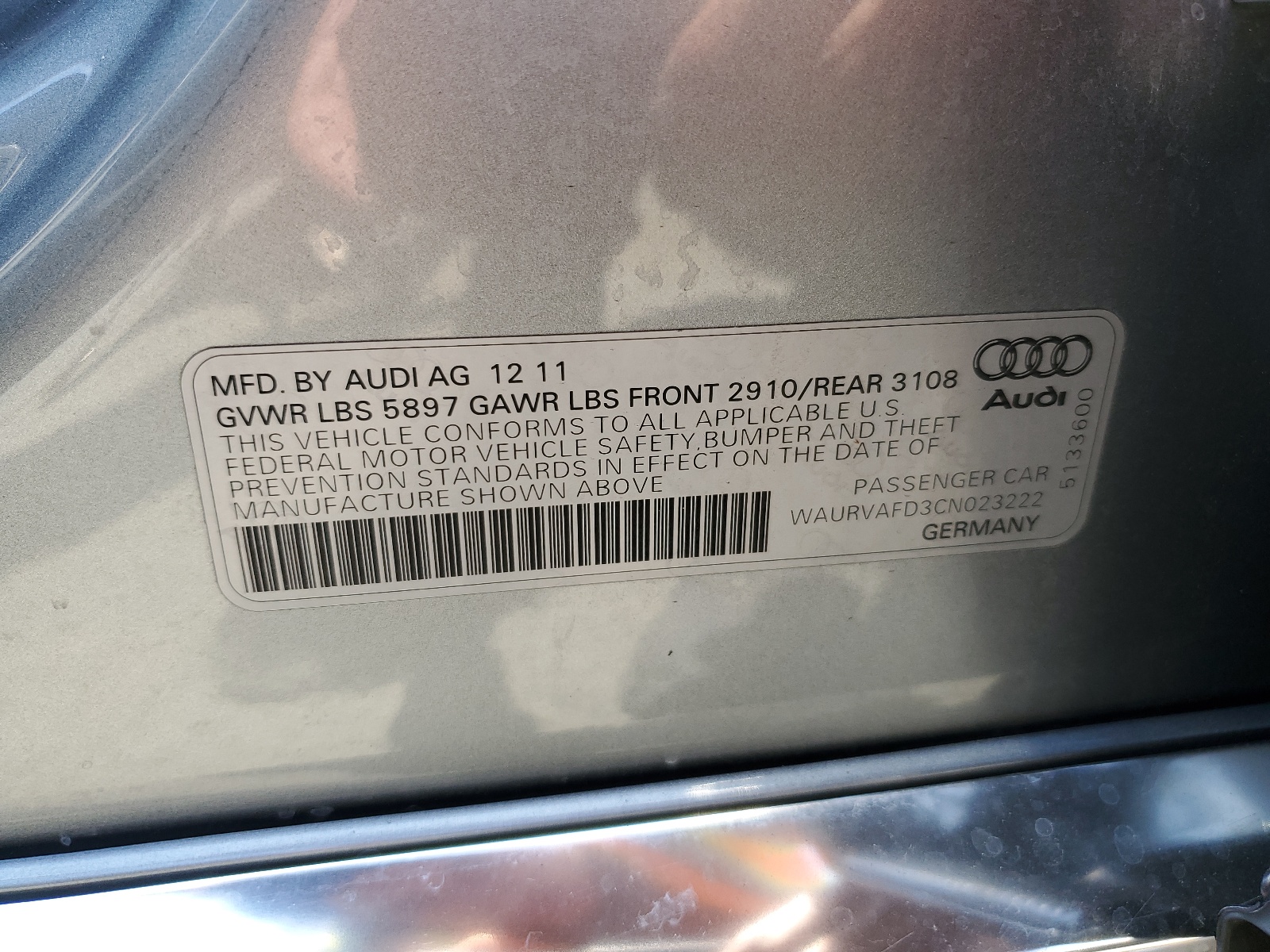 WAURVAFD3CN023222 2012 Audi A8 L Quattro