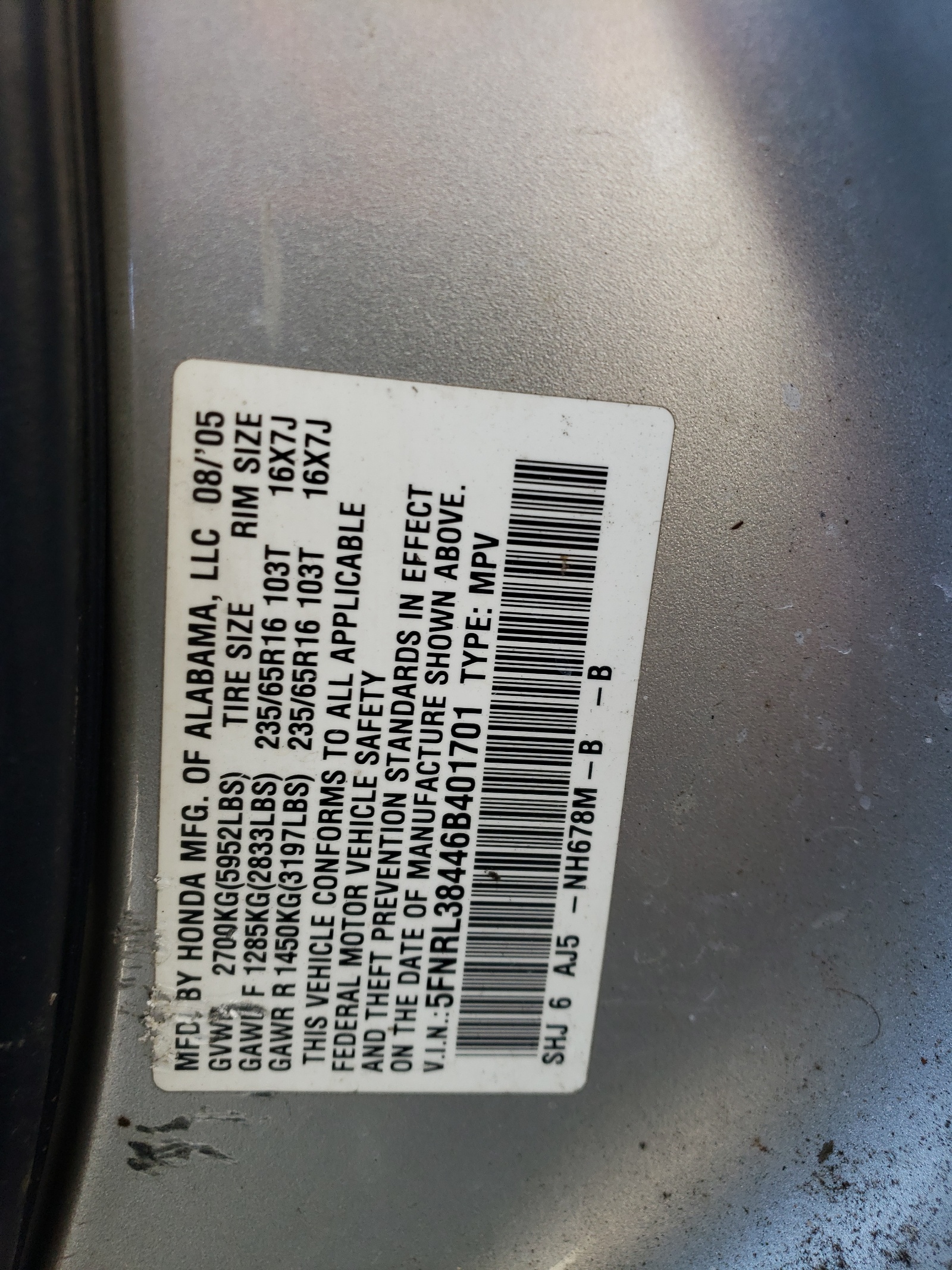 5FNRL38446B401701 2006 Honda Odyssey Ex