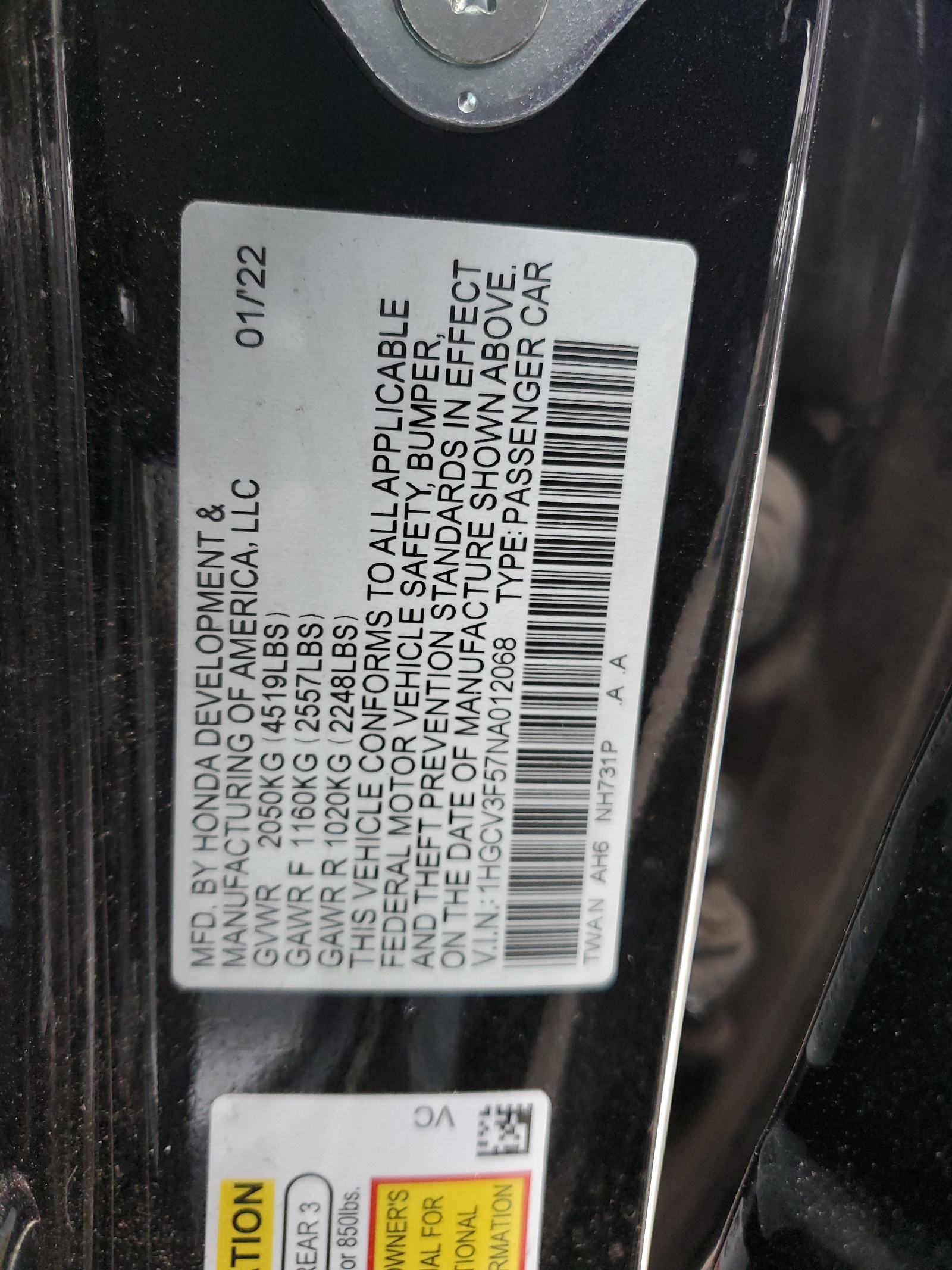 1HGCV3F57NA012068 2022 Honda Accord Hybrid Exl