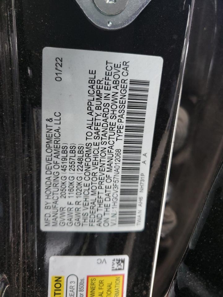 2022 Honda Accord Hybrid Exl VIN: 1HGCV3F57NA012068 Lot: 64515884