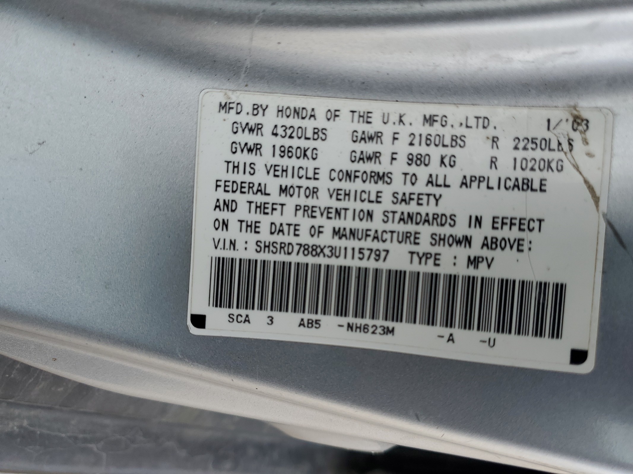 SHSRD788X3U115797 2003 Honda Cr-V Ex