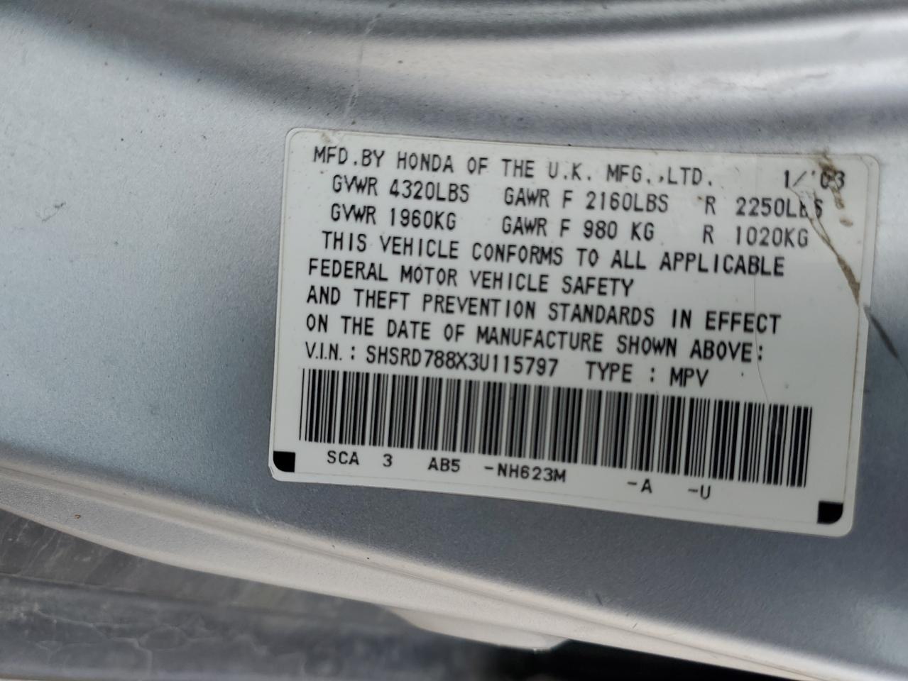 2003 Honda Cr-V Ex VIN: SHSRD788X3U115797 Lot: 63890614