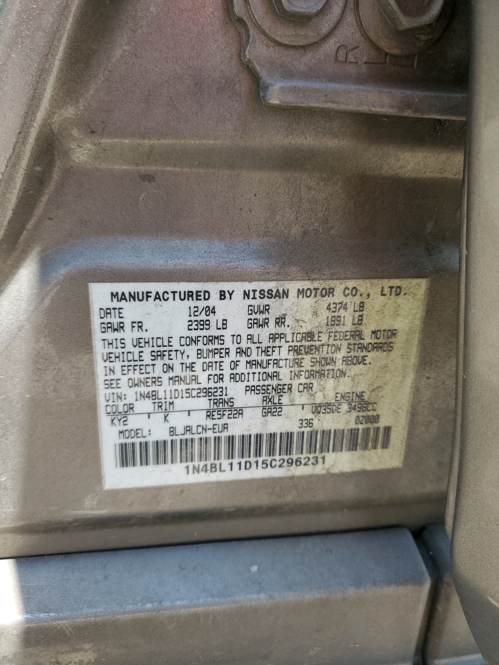 1N4BL11D15C296231 2005 Nissan Altima Se