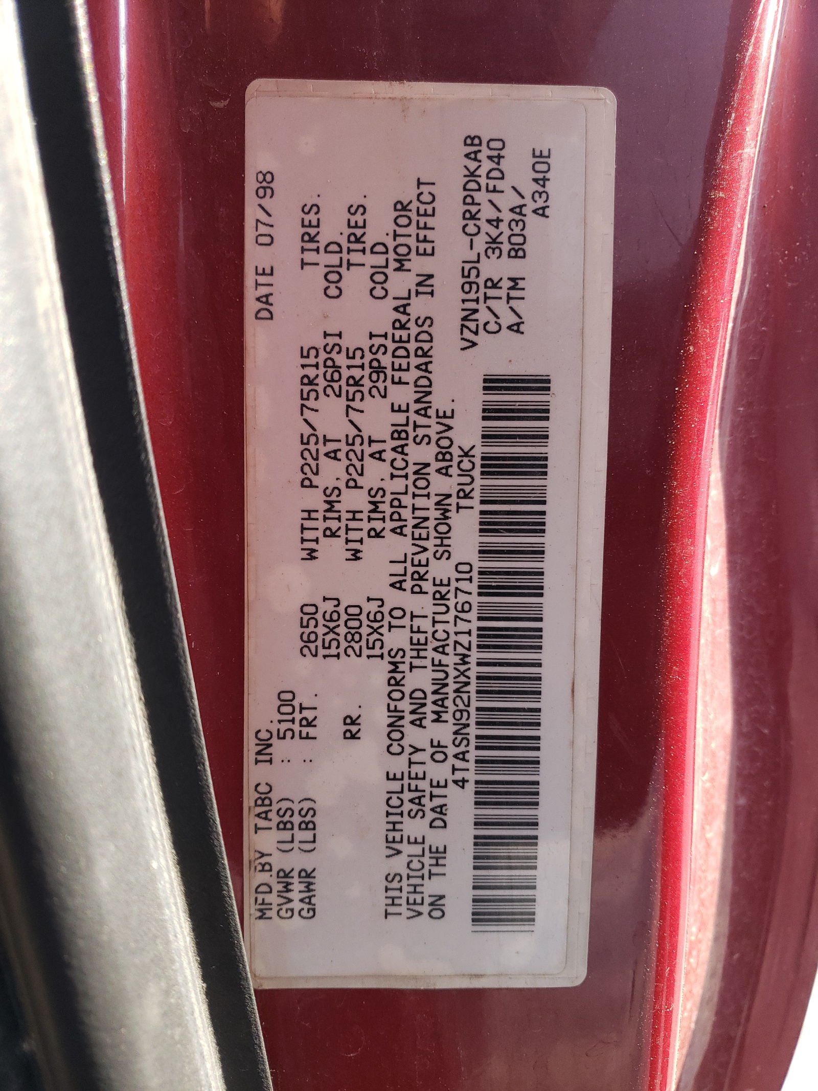 4TASN92NXWZ176710 1998 Toyota Tacoma Xtracab Prerunner