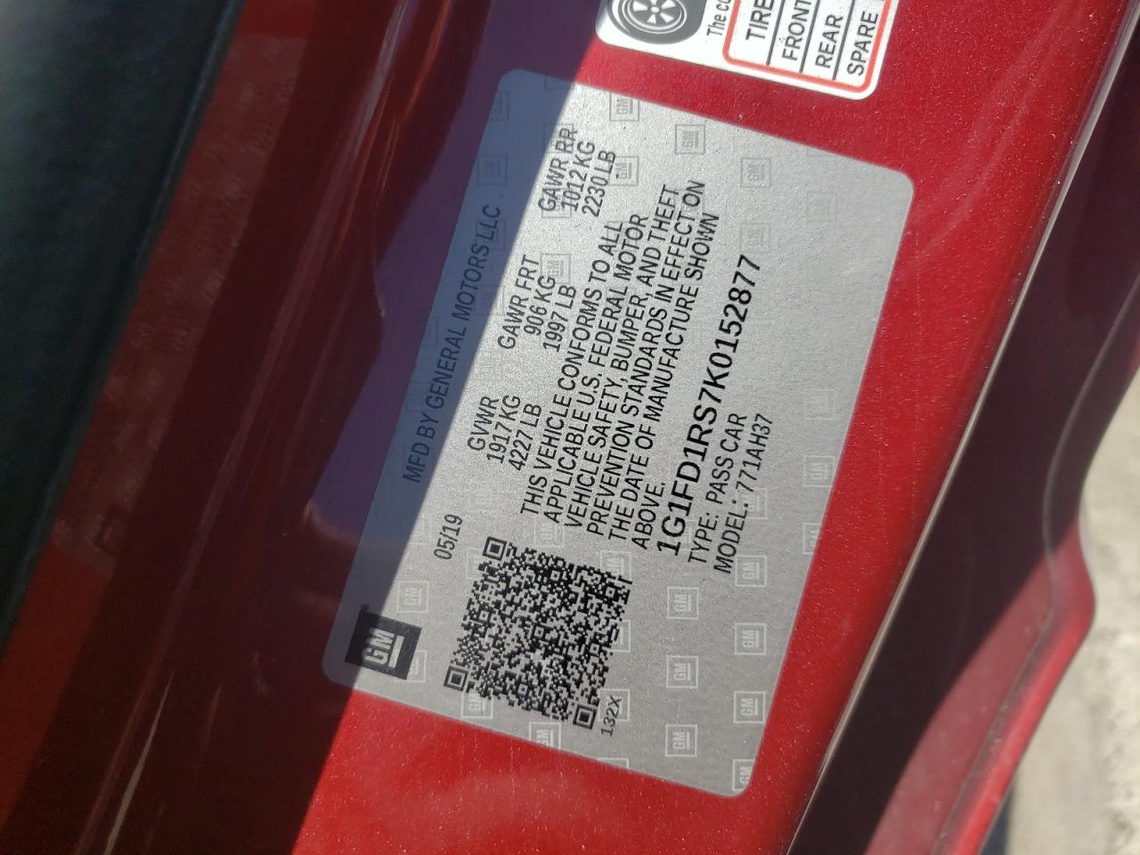 2019 Chevrolet Camaro Lt VIN: 1G1FD1RS7K0152877 Lot: 63360034