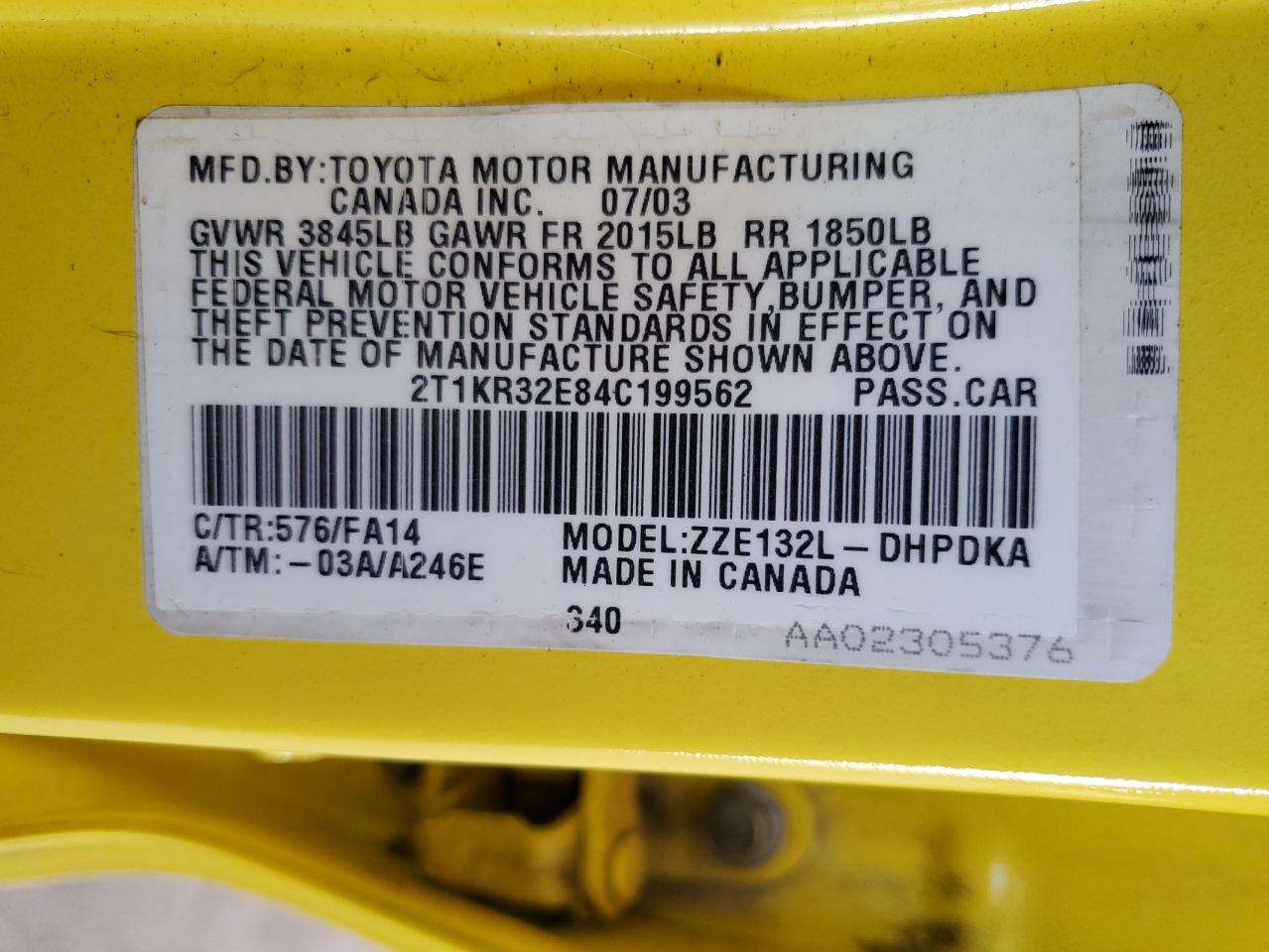 2004 Toyota Corolla Matrix Xr VIN: 2T1KR32E84C199562 Lot: 61772494