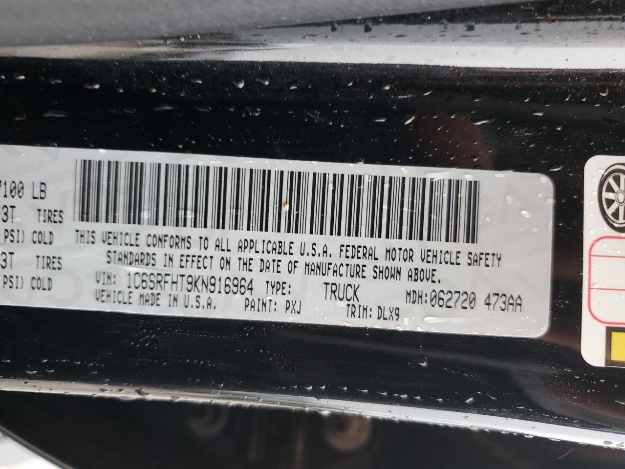 2019 Ram 1500 Limited VIN: 1C6SRFHT9KN916964 Lot: 62167274