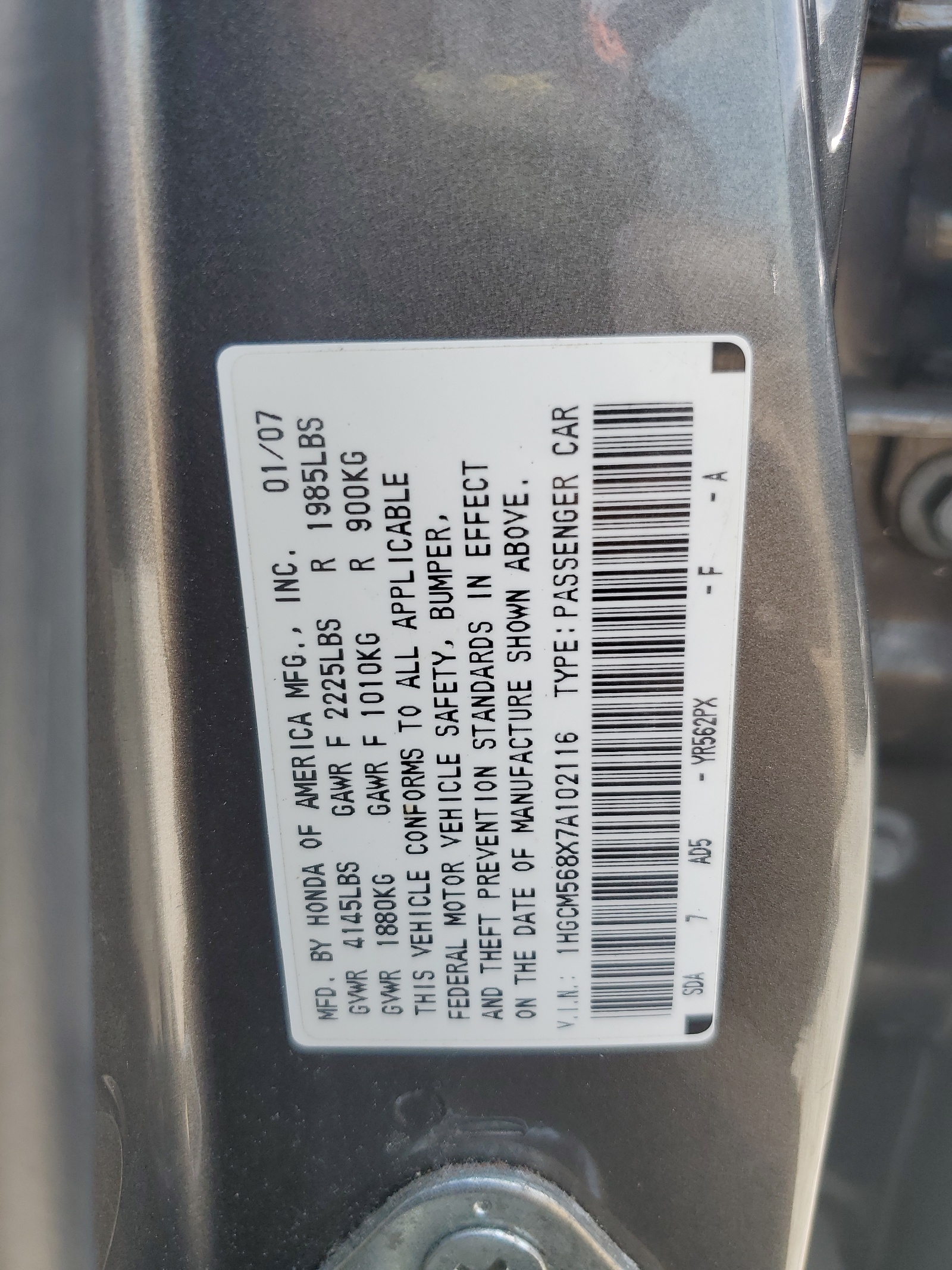 1HGCM568X7A102116 2007 Honda Accord Ex