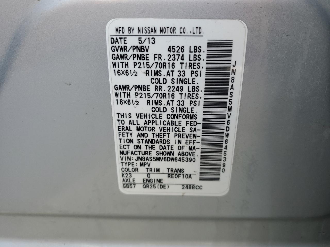 2013 Nissan Rogue S VIN: JN8AS5MV6DW645390 Lot: 64433684