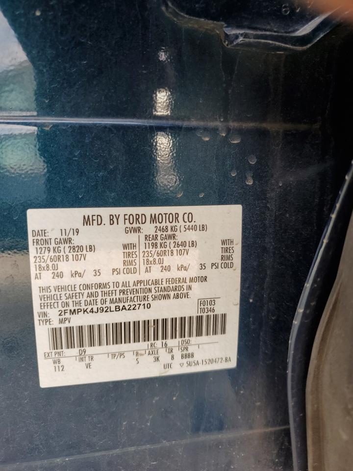 2020 Ford Edge Sel VIN: 2FMPK4J92LBA22710 Lot: 61511664