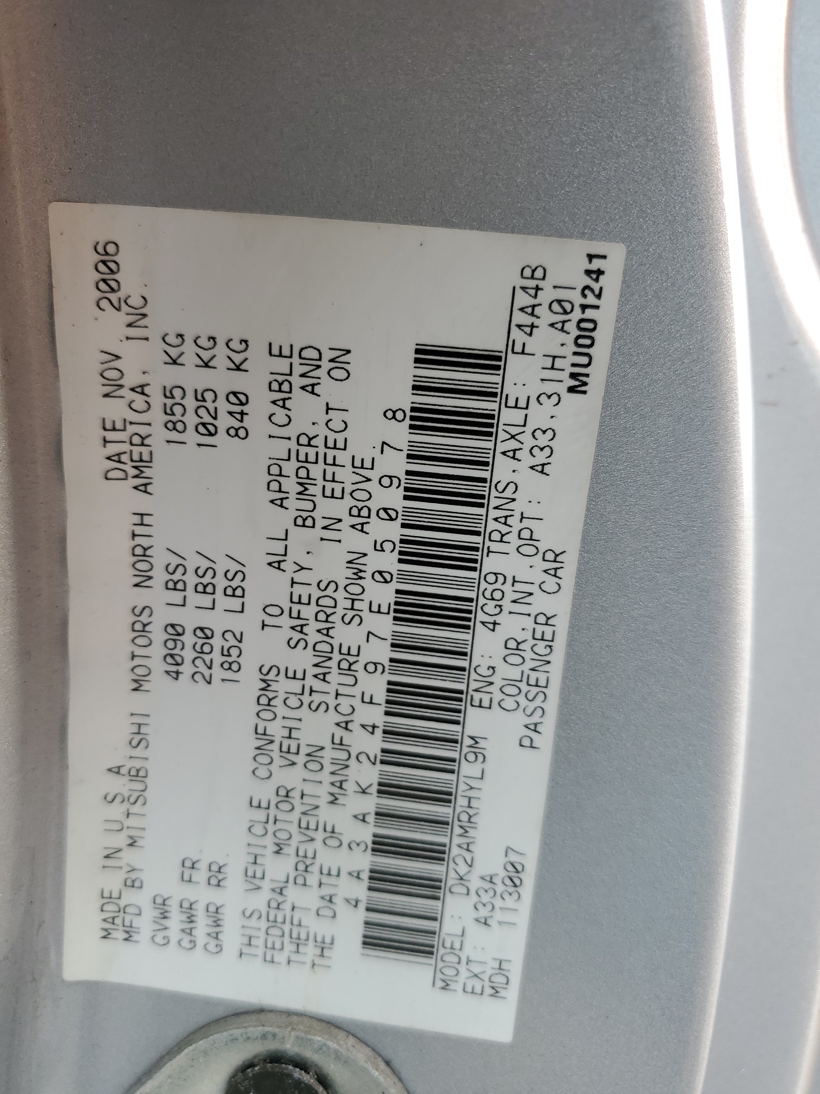 4A3AK24F97E050978 2007 Mitsubishi Eclipse Gs