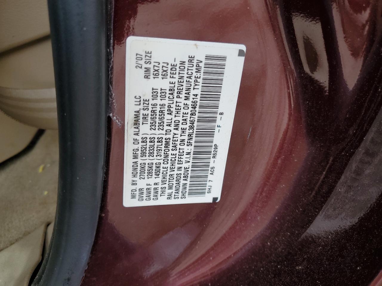 2007 Honda Odyssey Ex VIN: 5FNRL38467B046614 Lot: 62008224