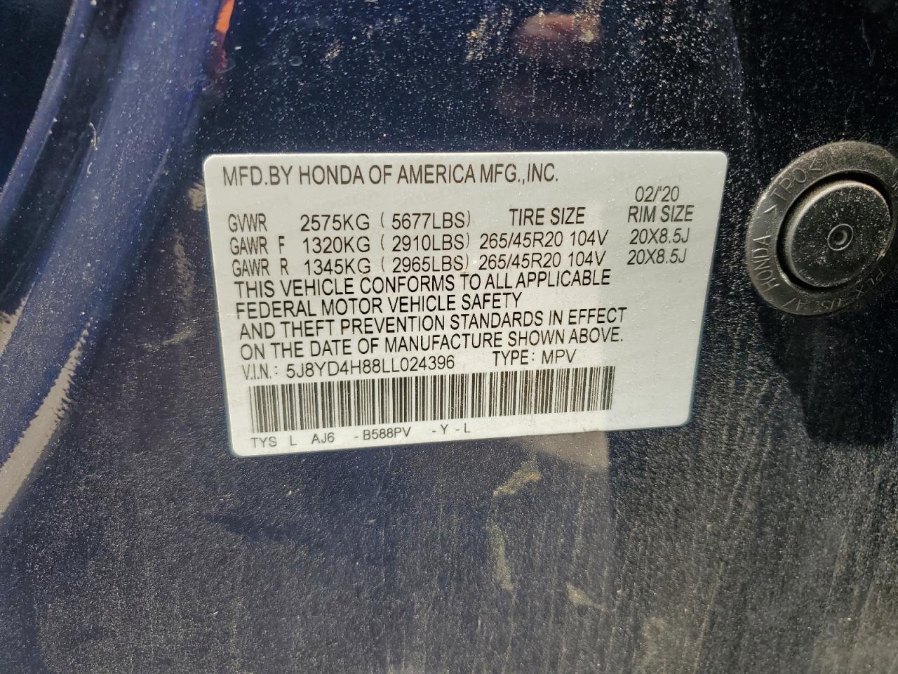 2020 Acura Mdx Advance VIN: 5J8YD4H88LL024396 Lot: 63919994