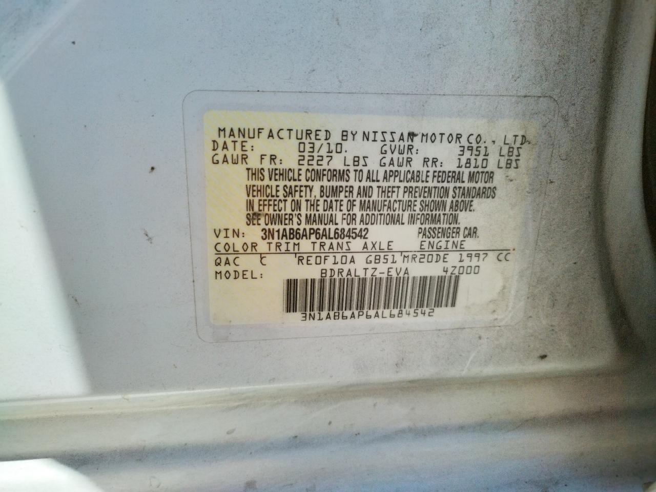 2010 Nissan Sentra 2.0 VIN: 3N1AB6AP6AL684542 Lot: 63320544