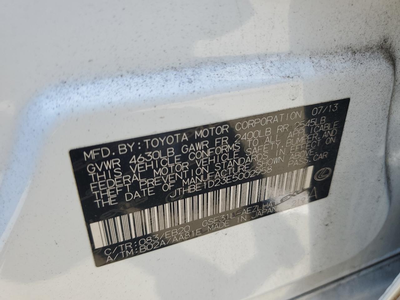 2014 Lexus Is 350 VIN: JTHBE1D23E5002958 Lot: 62785774