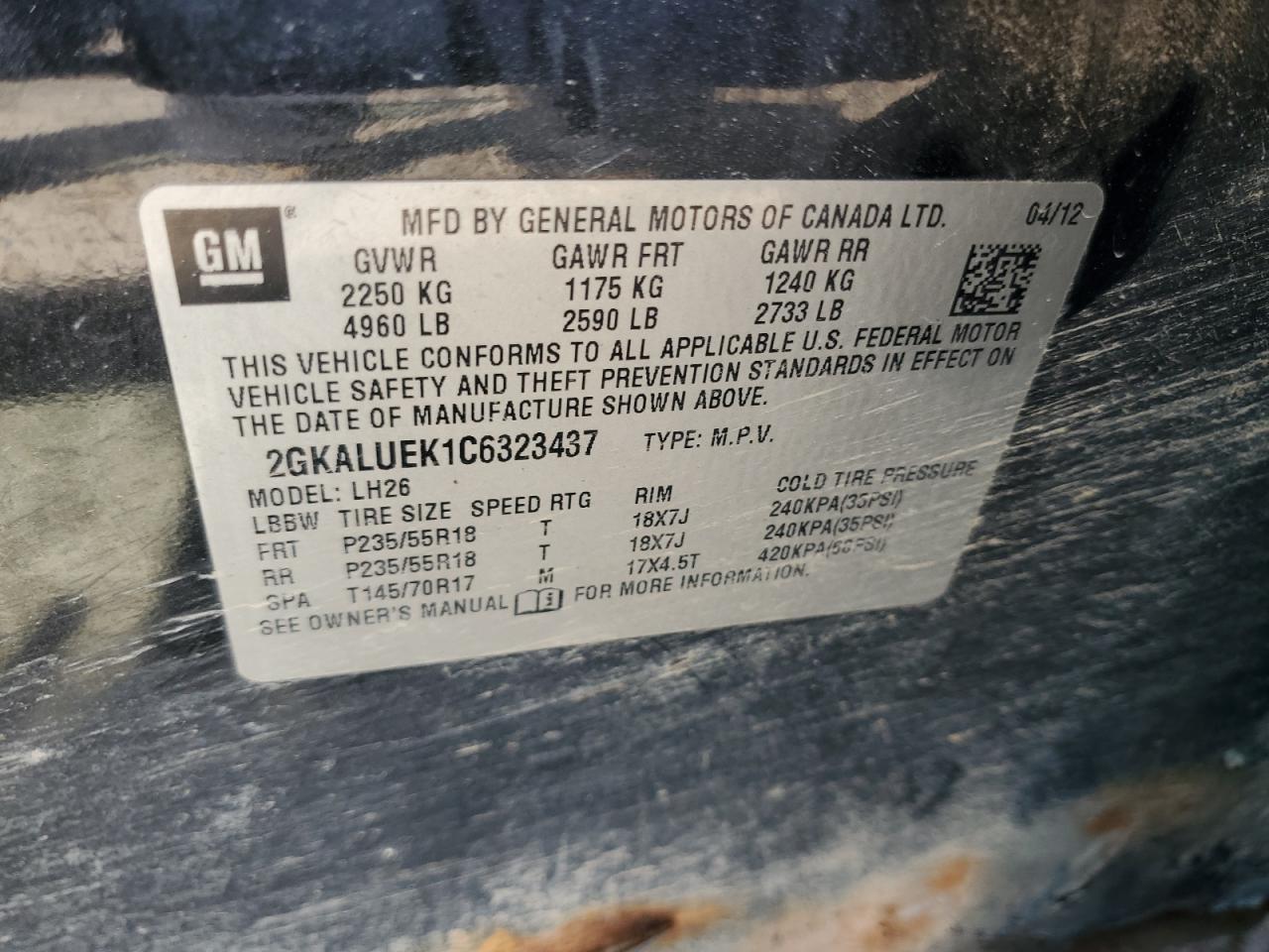 2012 GMC Terrain Slt VIN: 2GKALUEK1C6323437 Lot: 63100964