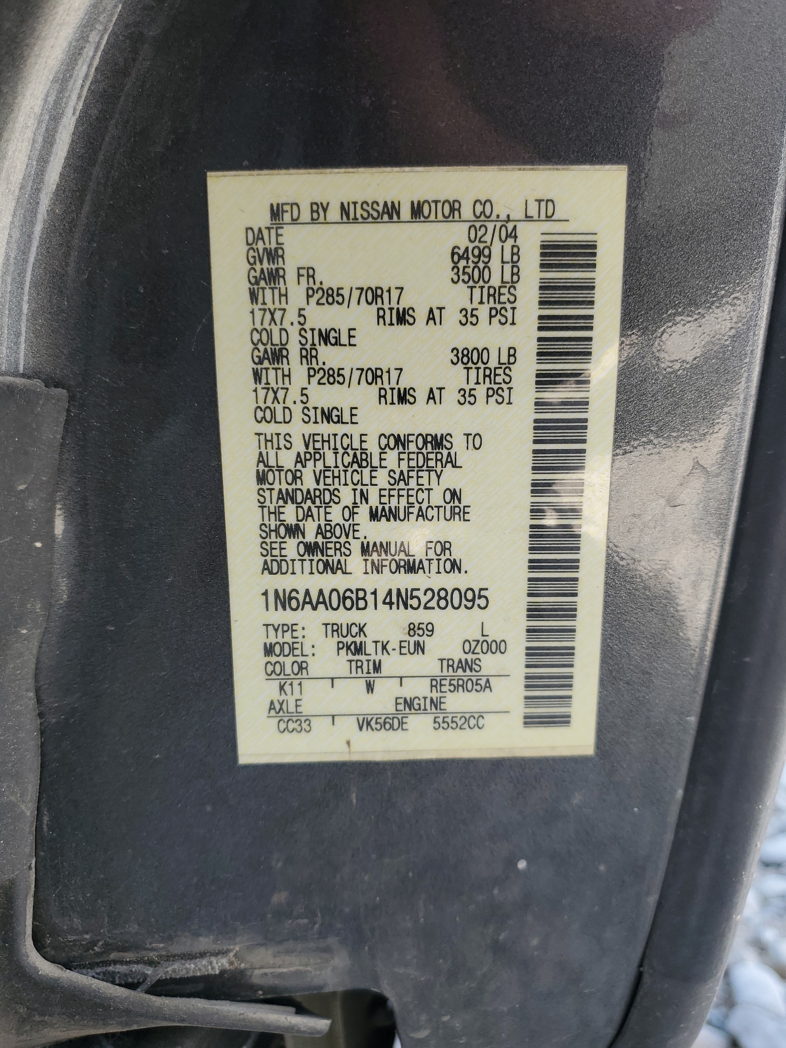 1N6AA06B14N528095 2004 Nissan Titan Xe