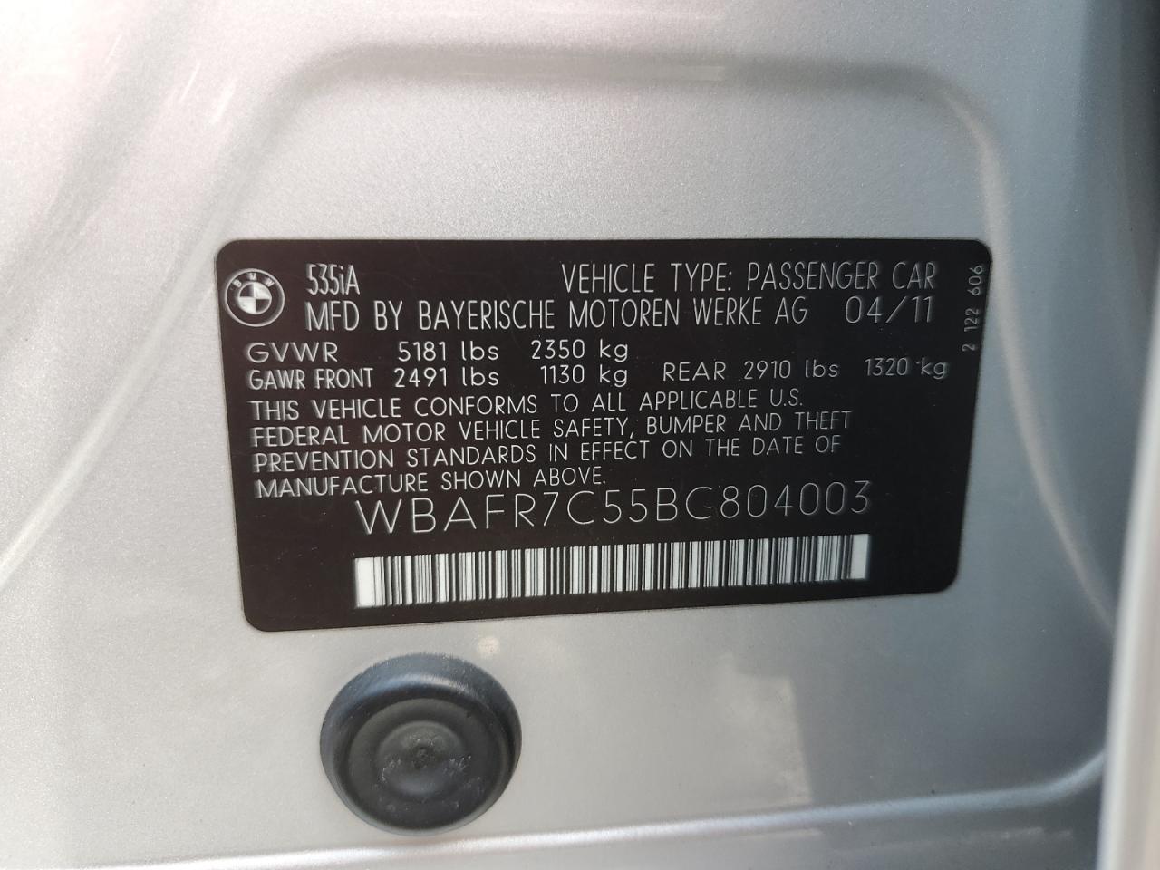 2011 BMW 535 I VIN: WBAFR7C55BC804003 Lot: 65356304