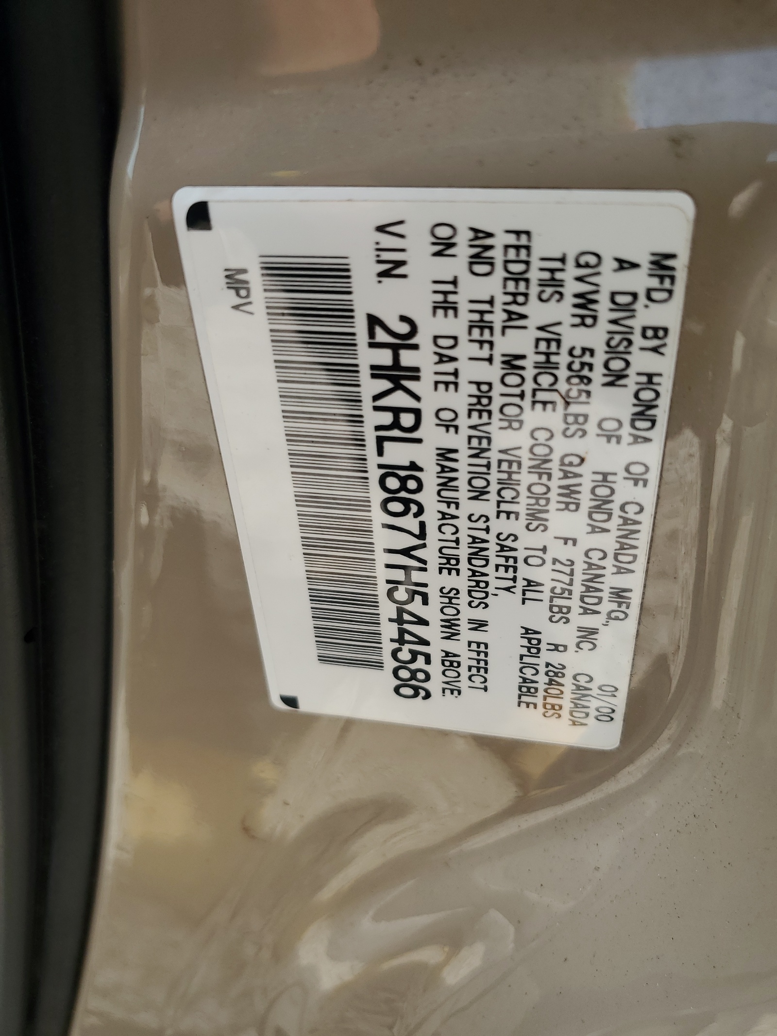 2HKRL1867YH544586 2000 Honda Odyssey Ex