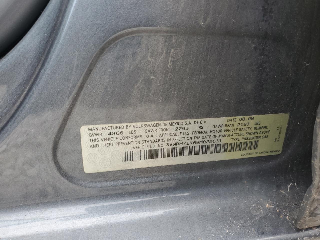 2009 Volkswagen Jetta Se VIN: 3VWRM71K69M022631 Lot: 63935834