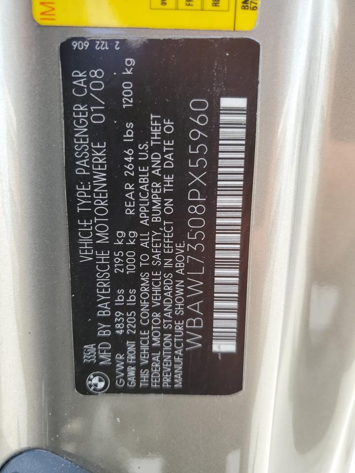 2008 BMW 335 I VIN: WBAWL73508PX55960 Lot: 64800354