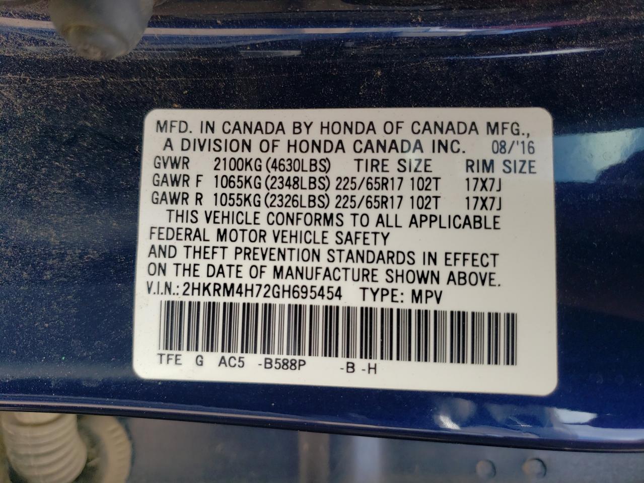 2016 Honda Cr-V Exl VIN: 2HKRM4H72GH695454 Lot: 63614924