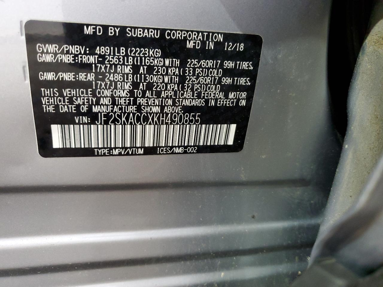 2019 Subaru Forester VIN: JF2SKACCXKH490855 Lot: 64080964