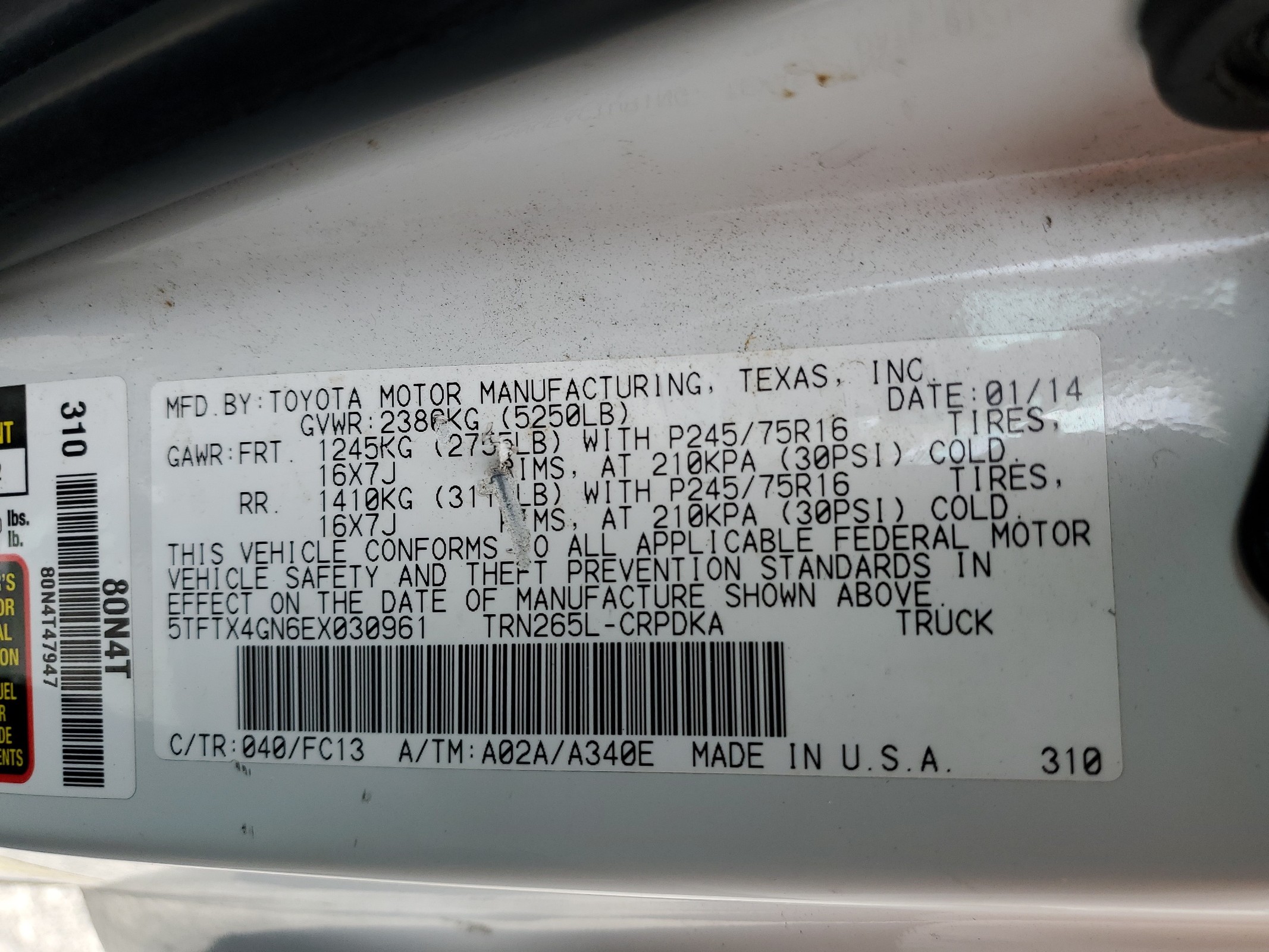 5TFTX4GN6EX030961 2014 Toyota Tacoma Prerunner Access Cab