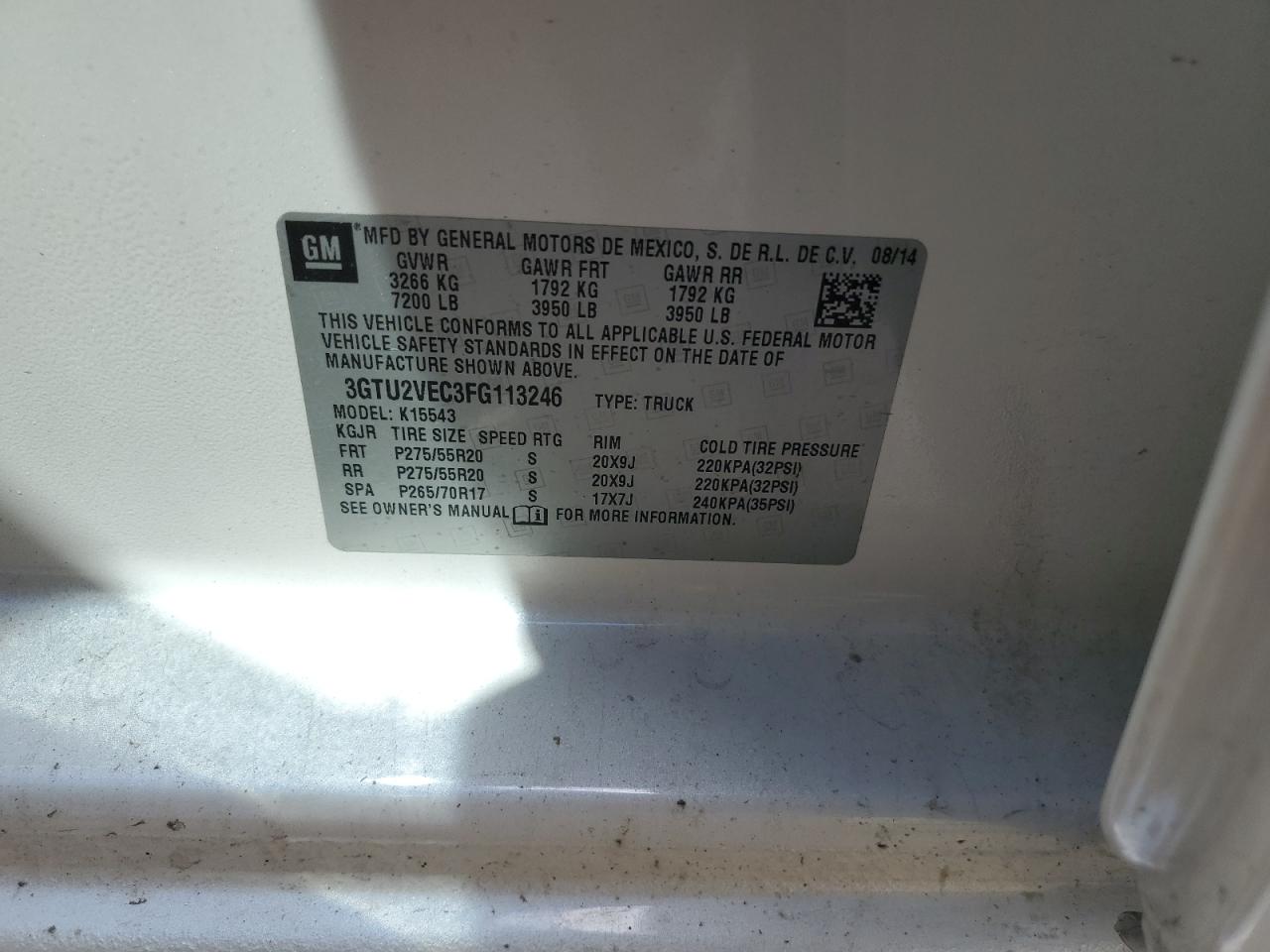 2015 GMC Sierra K1500 Slt VIN: 3GTU2VEC3FG113246 Lot: 63307954