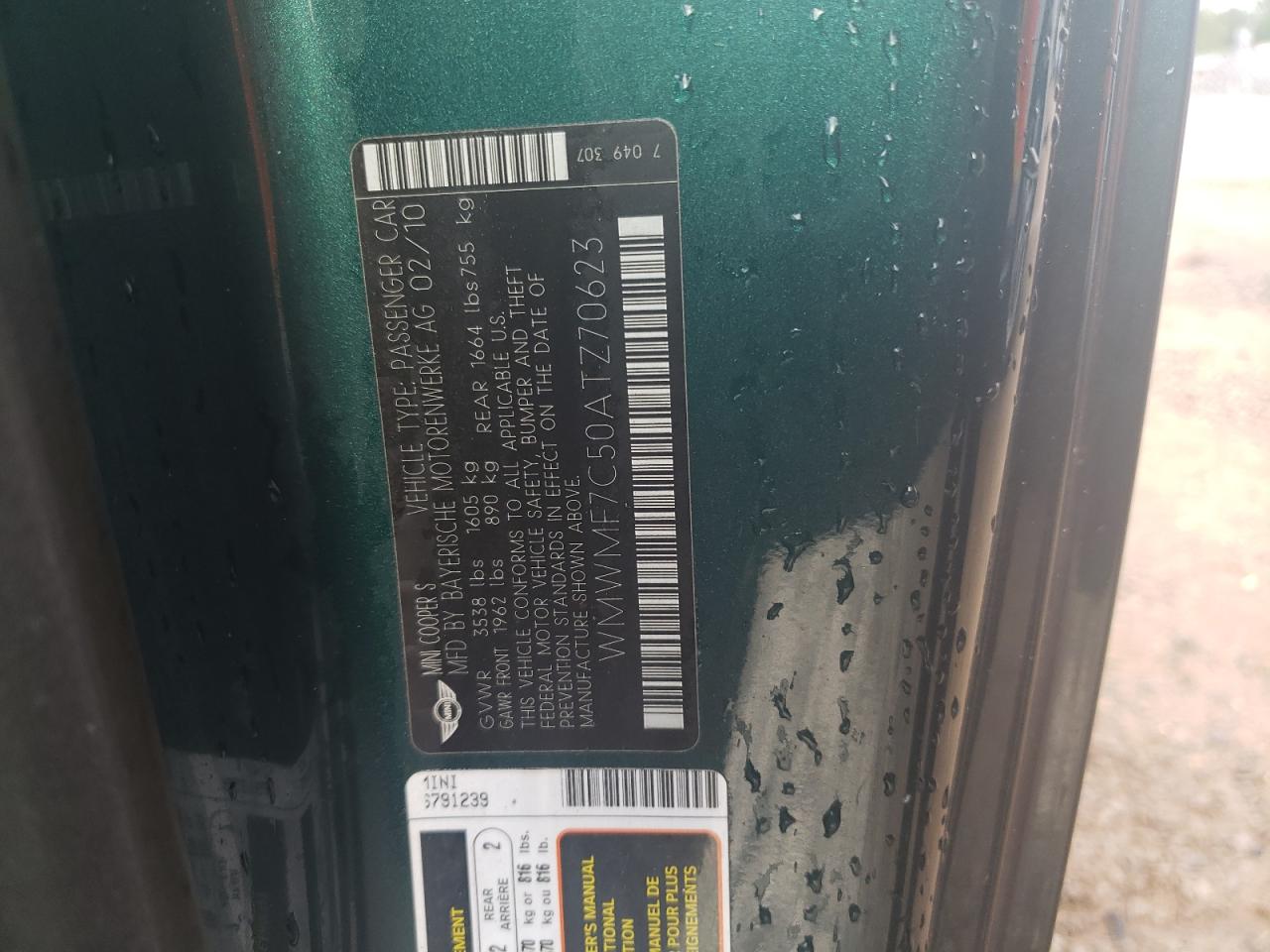 2010 Mini Cooper S VIN: WMWMF7C50ATZ70623 Lot: 63554364