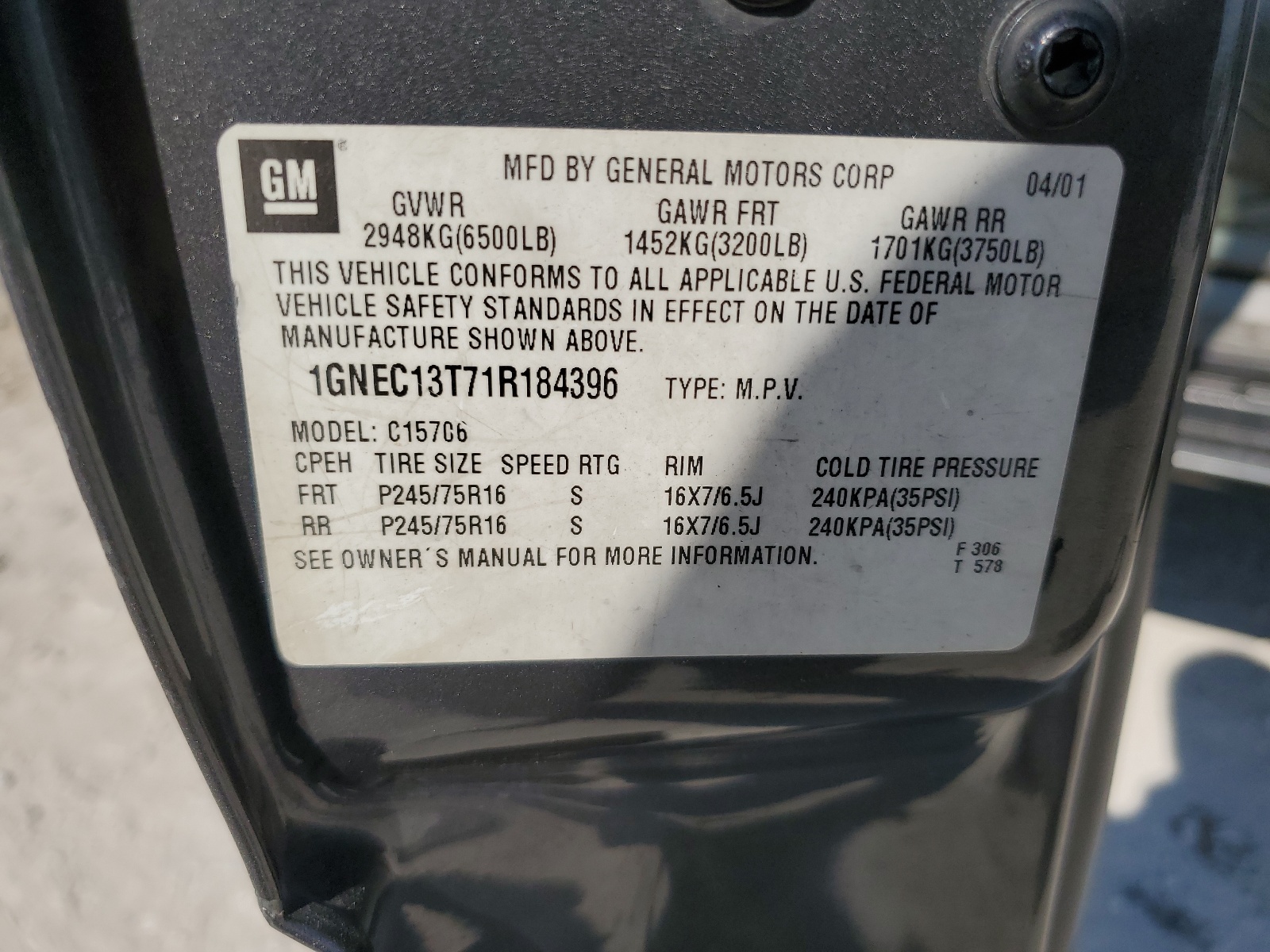 1GNEC13T71R184396 2001 Chevrolet Tahoe C1500