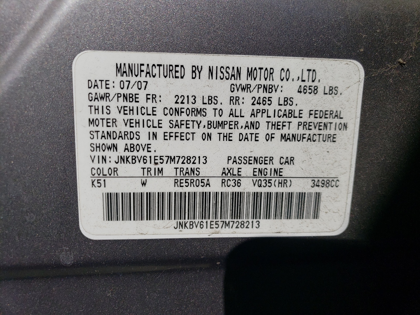 JNKBV61E57M728213 2007 Infiniti G35