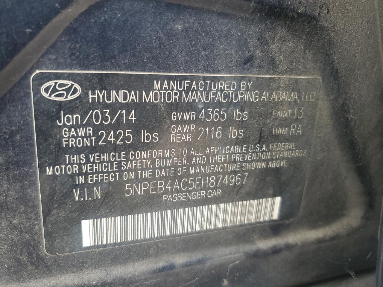 5NPEB4AC5EH874967 2014 Hyundai Sonata Gls